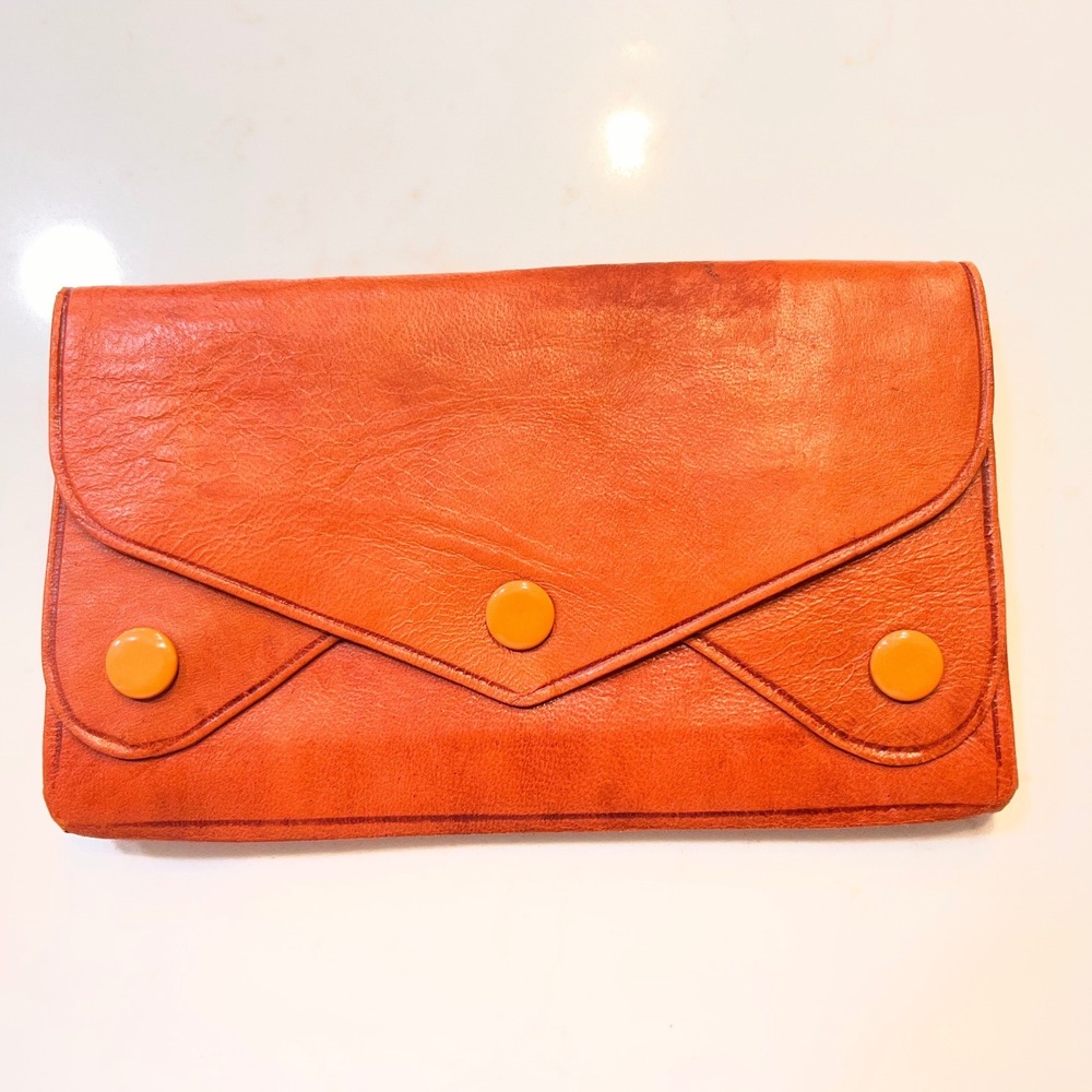 Vintage Burnt Orange Leather Envelope Clutch Triple Snap Hand Made Wallet